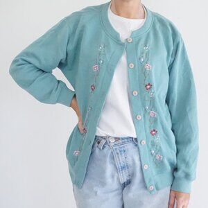 Vintage Shenanigans Teal Cardigan Floral Embroidery Romantic Coastal Grandma M